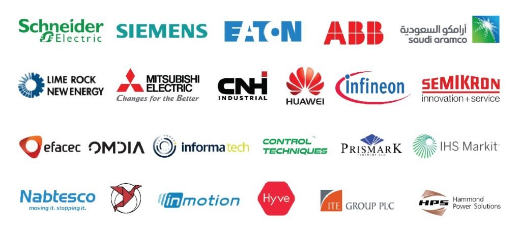 PTR Power Technology Research Customers logo Schneider Electric-Siemens-Eaton-ABB- Saudi Aramco- Lime Rock New Energy- Mitsubishi Electric- Infineon- Huawei- Semikron- Control Techniques- Prismark- Informa tech- ITE group PLC- IHS Markit- Nabtesco- GIS- In Motion- CNH industrial - HPS Hammond Power Solutions- efacec- Hyve-Omdia